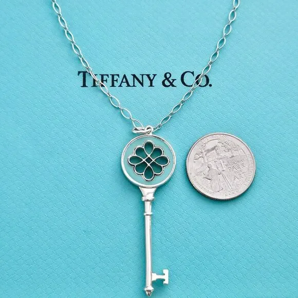 🧧SOLD🎋Tiffany & Co. Blue Enamel Knot Key Pendant Silver Oval Link Necklace 30” - Picture 8 of 9